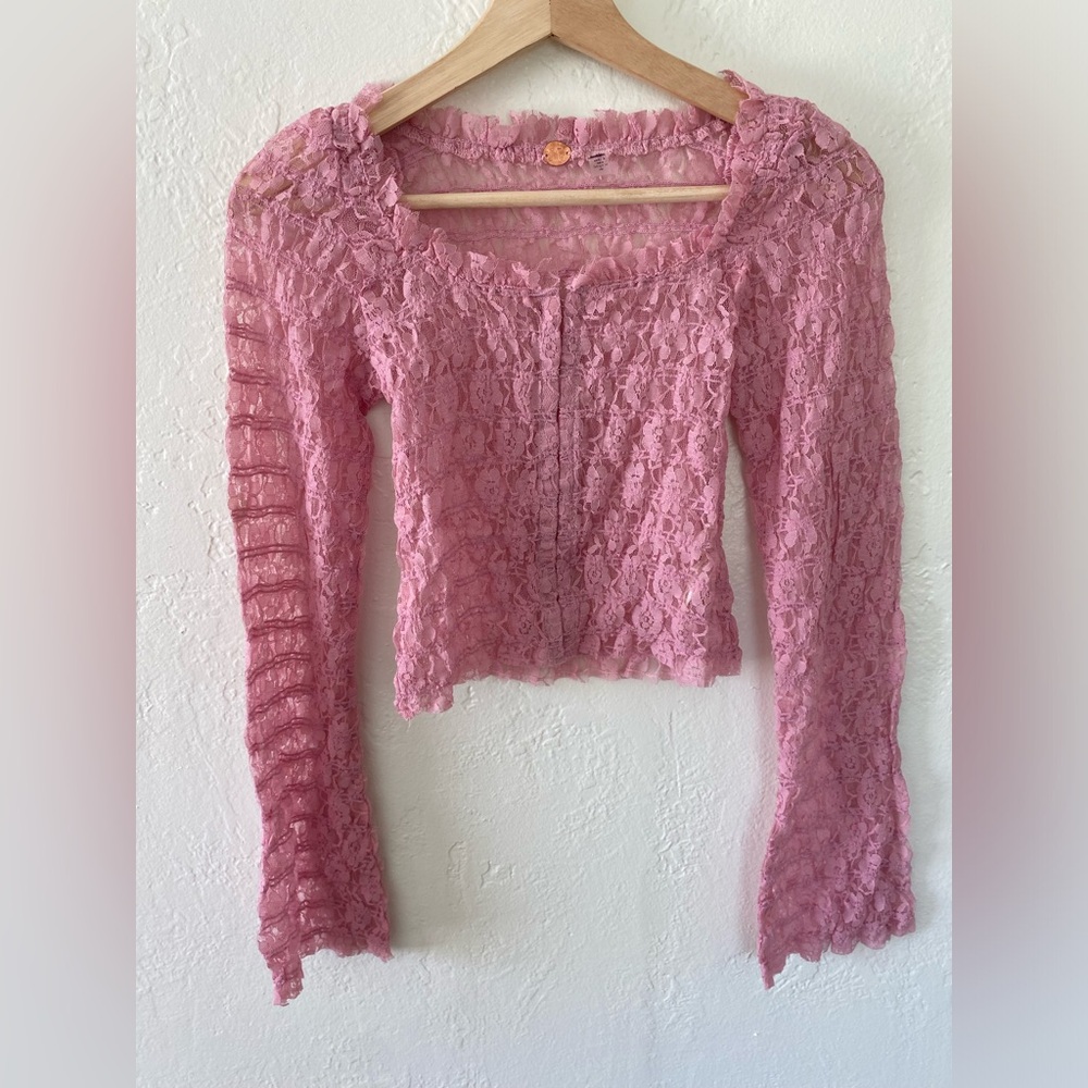 New Free People✨Madison Sheer Lace Top- Pink - Picture 2 of 5
